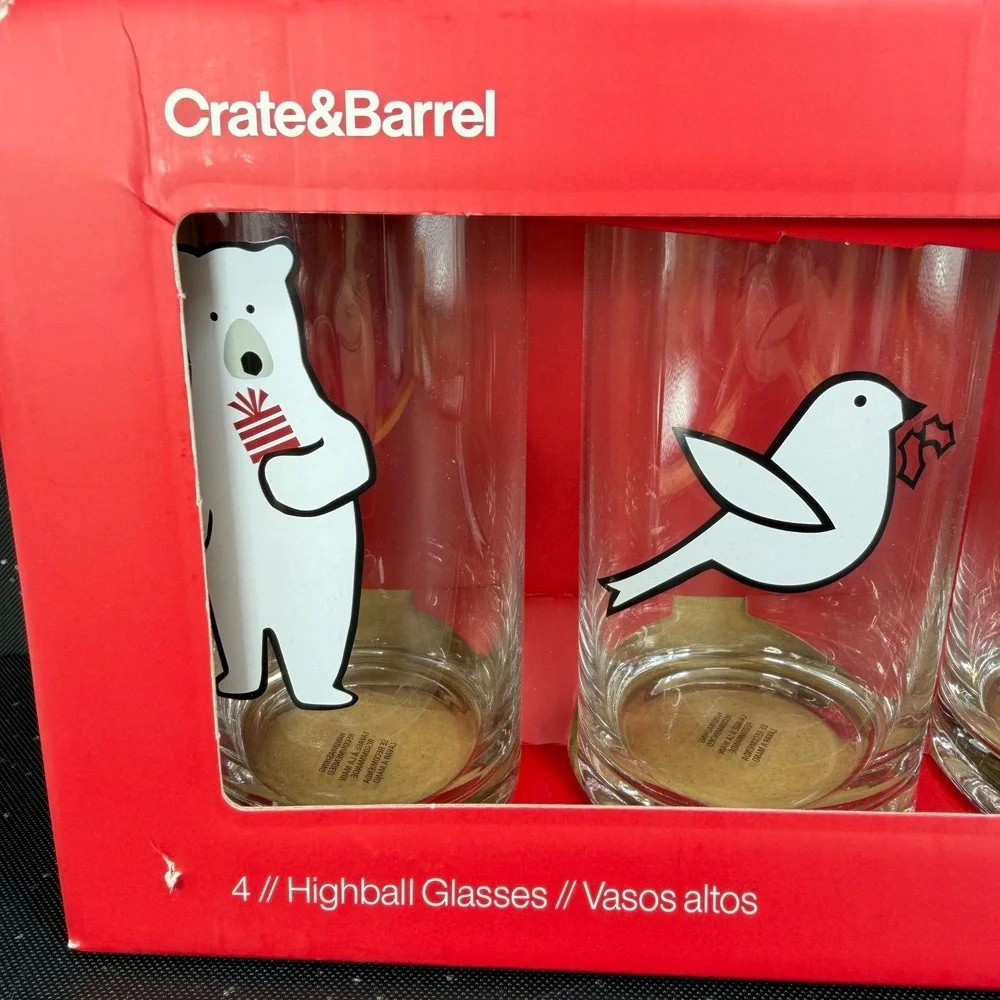 Crate &‎ Barrel Joan Anderson Arctic Friends Highball Glasses Set 4 Holiday NEW